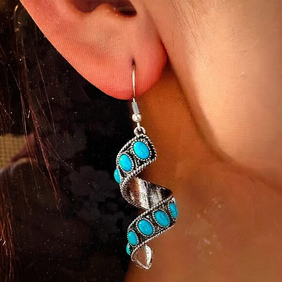 Boho Hippie Cowgirl Twirl Wire Drop Earrings, Turquoise Stone, Fast Shipping, G - Picture 1 of 6
